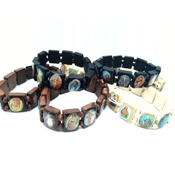 Elasticated Brown Wooden Saints Unisex Bracelet - Picture 1 of 2